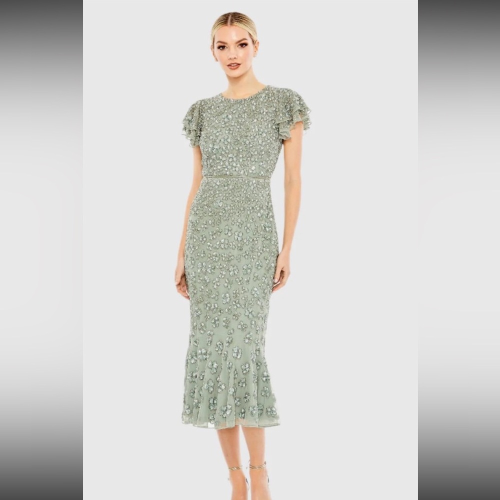 Mac Duggal 10771 Sage Green Beaded Midi Dress, NEW, Size 10, MSRP $498